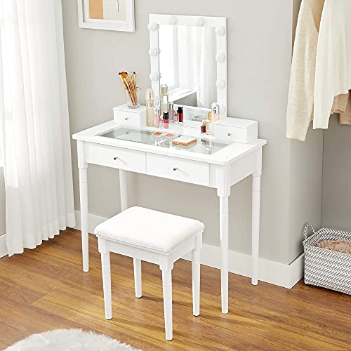 Dressing Table Set, Padded Stool and 10 Dimmable Bulbs, 2 Large and 2 Small Drawers, Transparent Tempered Glass Tabletop, Gift Idea, White