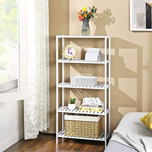 5-Tier Bathroom Storage Shelves, Bamboo Kitchen Shelf with 9 Adjustable Heights, Multifunctional Display Stand in Living Room, Hallway, 60 x 26 x 130 cm, White