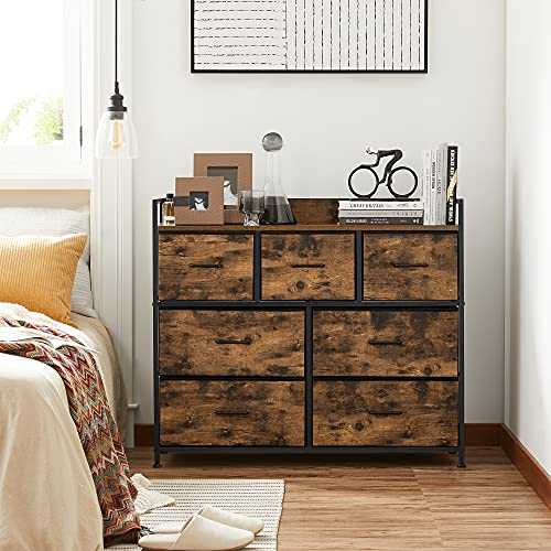 Fabric Chest of Drawers, Bedroom Storage Unit, Cabinet Dresser with 7 Drawers, with Metal Frame and Handles, Industrial, Rustic Brown and Black