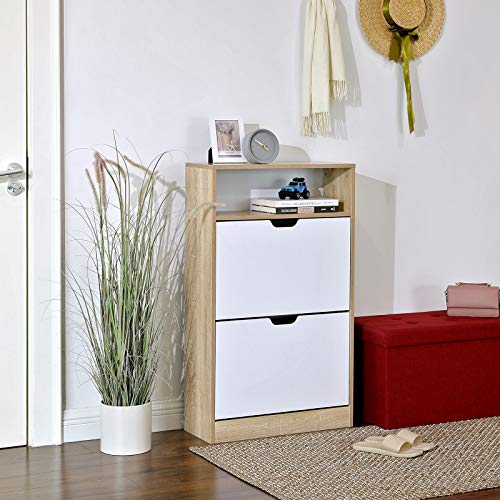 Shoe Cabinet with 2 Flaps, Shoe Rack with an Open Shelf, Melamine Veneer, Easy to Clean, 60 x 24 x 102 cm, White and Natural