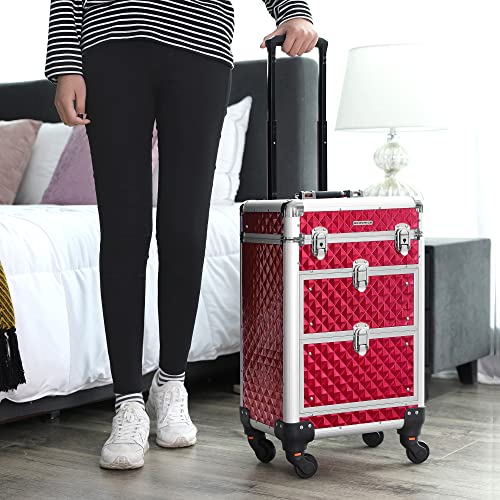 Travel Accessories Rolling Trolley Cosmetic Case ABS Red 34 x 27 x 57 cm