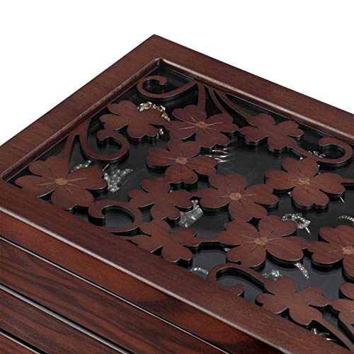 Wooden Jewellery Box with Floral Carving, 6-Tier Jewellery Organiser with 5 Removable Pull-Out Drawers, Gift for Loved Ones, Dark Brown