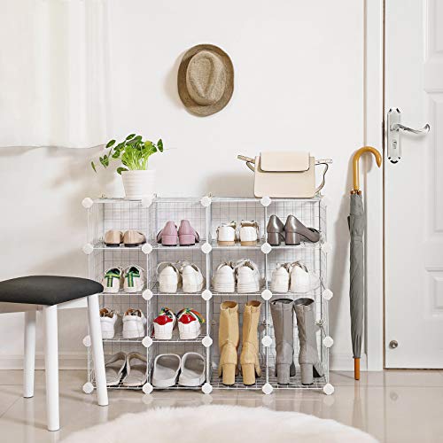 Modular Shoe Rack 15 Cubes, DIY Shelf with Metal Mesh Panels, Wardrobe Cabinet Hallway Bedroom Includes Rubber Gavel, White