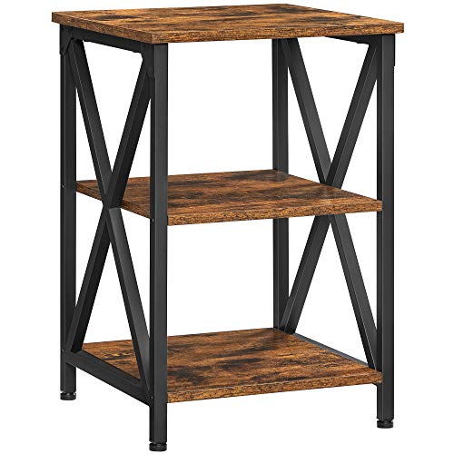 Side Table, End Table with X-Shape Steel Frame and 2 Storage Shelves, Night Table, Farmhouse Industrial Style, 40 x 40 x 60 cm, Rustic Brown and Black