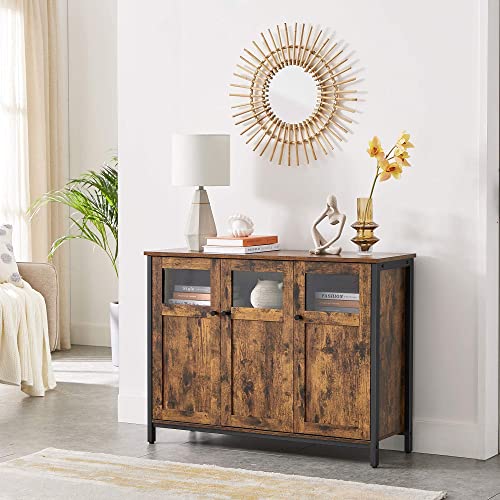 Sideboard, Buffet Table, Storage Cabinet with Glass Doors, Dining Room, Living Room, Hallway, Kitchen, Steel Frame, Industrial Style, Rustic Brown and Black