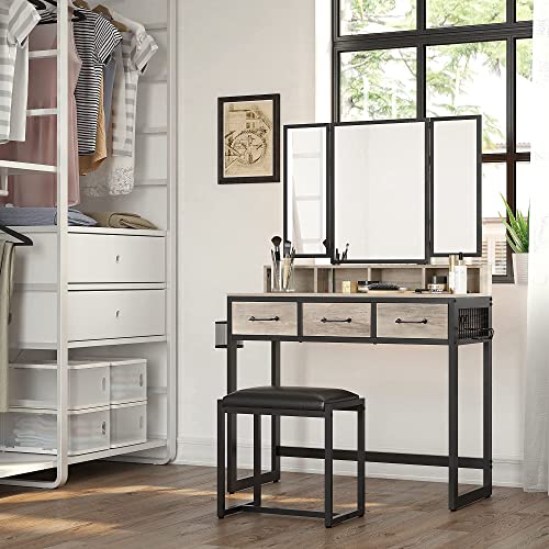 Dressing Table with Padded Stool, Triple Mirror, 3 Drawers, Hair Dryer Holder, Pot, Industrial Style, Grey and Black