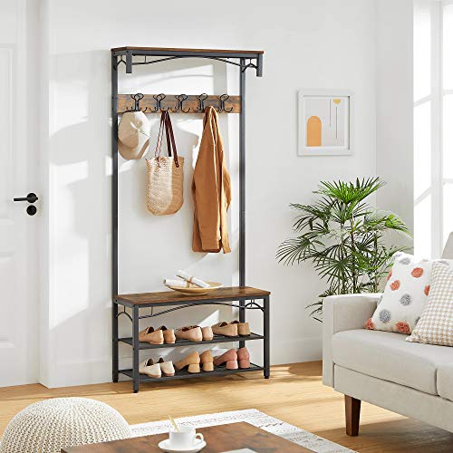 Coat Rack Stand, Industrial Coat Tree, Hallway Shoe Rack and Bench with Shelves, Hall Tree with Hooks, Matte Metal Frame, 80 x 32 x 178.5 cm (L x W x H)