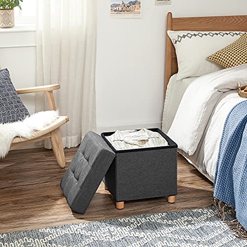 Collapsible Cube Ottoman Storage and Foot Stool with Wooden Feet and Lid Dark Grey