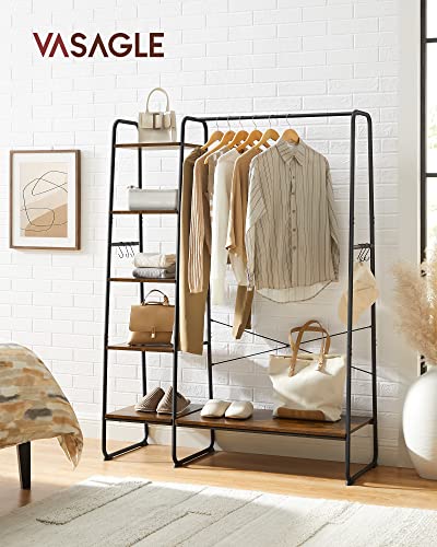 Clothes Rail, Clothes Rack with Shoe Shelf, 5-Tier Storage Rack, 6 Side Hooks, for Bedroom, Living Room, Rustic Brown and Black