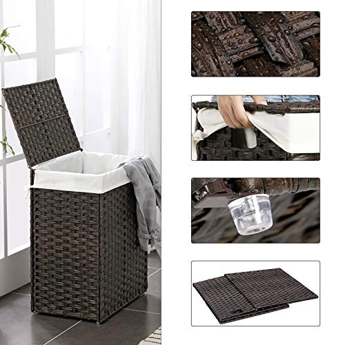 Handwoven Laundry Hamper, 23.8 Gal (90L) Synthetic Rattan Clothes Laundry Basket with Lid and Handles, Foldable, Removable Liner Bag, Brown U