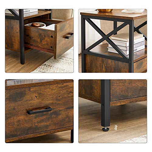 Bedside Table, Side Table, Nightstand with Open Shelf, Drawer, 40 x 40 x 55 cm, Rustic Brown and Black