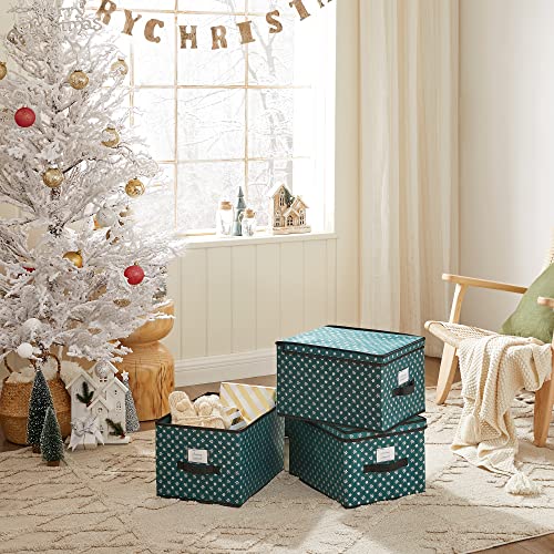 Storage Boxes with Lid, Set of 3, Folding Boxes with Labels for Christmas, Fabric Boxes with Snowflakes Pattern for Closet, 30 x 40 x 25 cm, Green