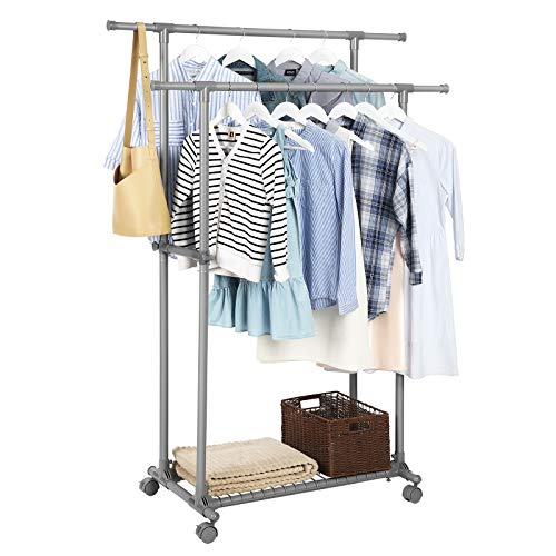 Double Clothes Rail, Extendable Garment Rack, from 87 to 150 cm, Rolling Clothes Rack with Shelf, Sturdy Structure, Max Static Load 70 kg, for Clothes Scarves, Grey