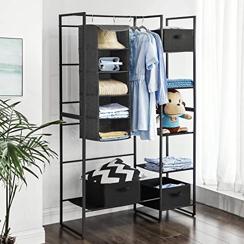 Hanging Storage Shelves, Wardrobe Clothes Organiser, Space Saving and Foldable, Metal Hooks and Bamboo Inserts, Linen Pattern, Grey