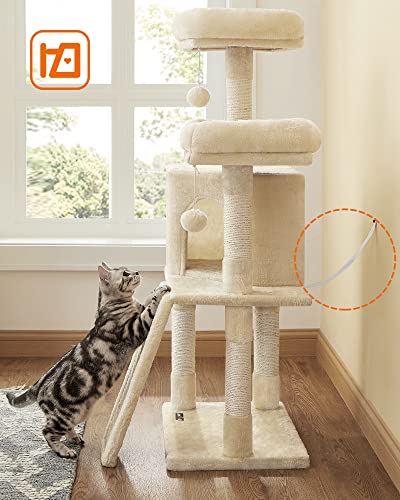 Small Cat Scratching Post with Scratching Board Platforms for Cat Soft Plush 115 cm Fully Sisal Wrapped Column Beige