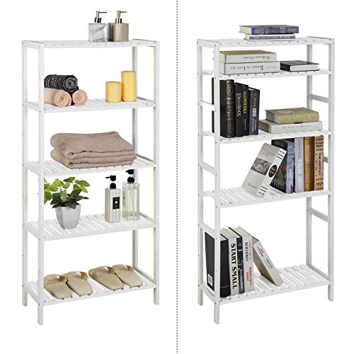 5-Tier Bathroom Storage Shelves, Bamboo Kitchen Shelf with 9 Adjustable Heights, Multifunctional Display Stand in Living Room, Hallway, 60 x 26 x 130 cm, White