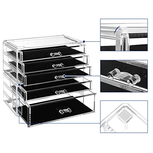 Makeup Organiser, 2-Piece Storage Boxes for Jewellery and Cosmetics, Stackable, with 5 Drawers, Transparent Polystyrene