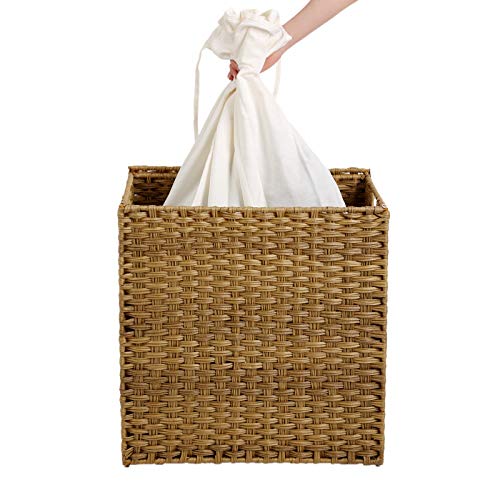 Handwoven Laundry Basket, 110L Synthetic Rattan Divided Clothes Hamper with Lid and Handles, Foldable, Removable Liner Bag, Natural