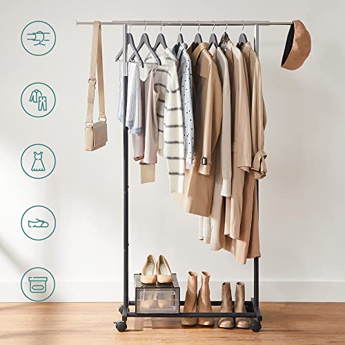 Clothes Rail, Clothes Rack, Garment Rack on Wheels, Hanging Rail for Clothes, Top Rail Holds up to 25 kg, Adjustable, Silver and Black