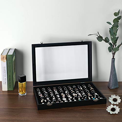 Jewellery Box with Glass Lid, for Rings, Earrings, Cufflinks, Ring Storage Box Holds up to 100 Rings, Display Case, Black