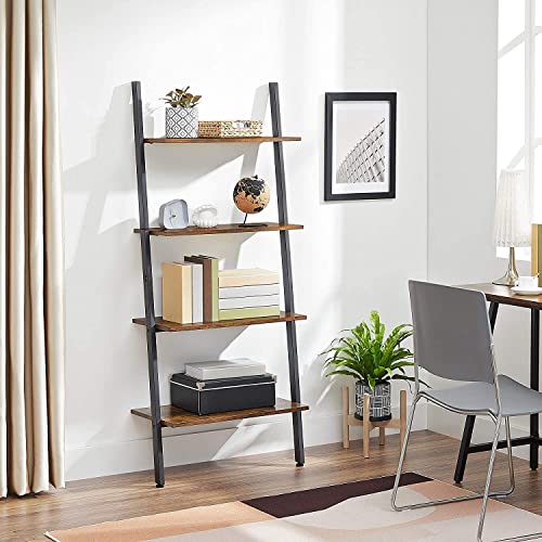 Ladder Shelf, Wall Rack Shelf and Storage Shelving Unit, 4-Tier Bookshelf, Living Room Kitchen Office, Steel, Stable, Slanted, Industrial, Rustic Browne and Black