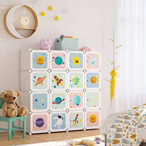 Portable Clothes Closet, DIY Wardrobe for Hanging Clothes, Modular Storage Organiser for Children with 16 Cubes, 4 Hanging Rails, 123 x 41 x 123 cm, White