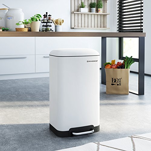 Rubbish Bin, 30L Trash Can, Steel Pedal Bin, with Inner Bucket and Lid, Soft Closure, Airtight, for Kitchen, Living Room, White