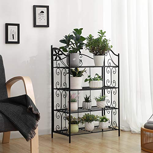 Retro 4-Tier Bathroom Shelf, Garden Plant Stand, Metal Flower Cart, Plant Rack Display, Black