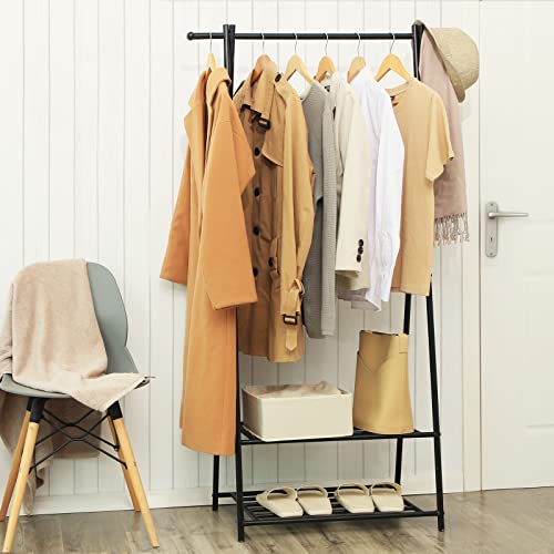 Coat Rack, Coat Stand, Clothes Rack with 2-Tier Storage Shelf for Shoes and Baskets, Metal Frame, Space-saving, Ideal for Bedroom, Entryway, Office and More, Black