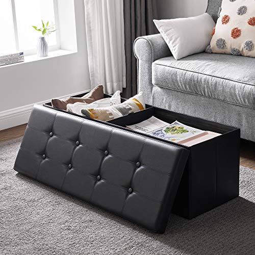 43 Inches Folding Storage Ottoman Bench, Storage Chest, Footrest, Coffee Table, Padded Seat, Faux Leather, Holds up to 660 lb, Black U