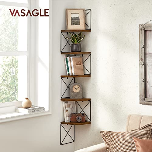 Corner Shelf Wall Mounted, Floating Shelf 5 Tier, Book Shelf, for Bedroom Living Room Bathroom Kitchen Office, Easy Assembly, Industrial, Rustic Brown and Black