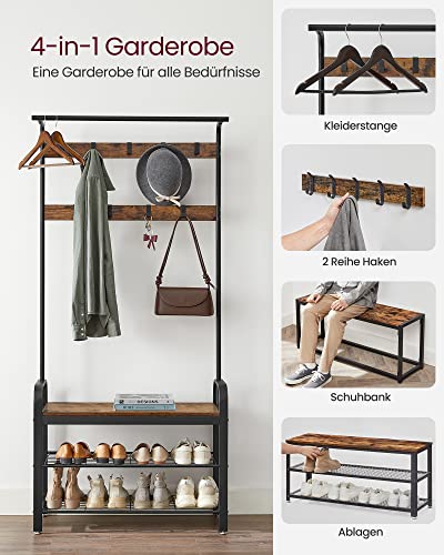 Coat Rack, Coat Stand with Shoe Storage Bench, 4-in-1 Design, with 9 Removable Hooks, a Clothes Rail, for Hallway, Entrance, 33.7 x 84 x 183 cm, Industrial, Rustic Brown and Black