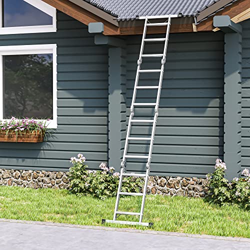 3.5 m Ladder, Multi-Purpose Aluminium Ladder with 2 Metal Plates and 12 Steps, Articulated, Holds up to 150 kg, Silver