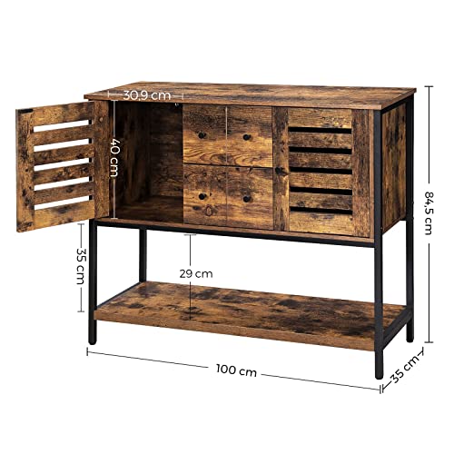 Storage Cabinet, Sideboard with 2 Drawers, 2 Cupboards, and Shelf, for Dining Room, Living Room, Kitchen, 100 x 35 x 84.5 cm, Industrial Style, Rustic Brown and Black