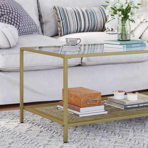 Coffee Table with Tempered Glass Top and Mesh Shelf, Cocktail Table with Stable Steel Frame, for Living Room, Gold and Transparent Colour