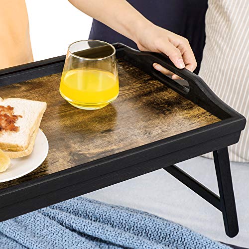 Bed Tray Table with Bamboo Folding Legs, Breakfast Tray for Sofa, Bed, Serving Snack Tray with Groove for Phone Tablet, Laptop Desk, Rustic Brown