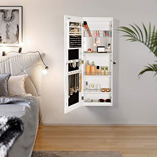 Jewellery Cabinet, Frameless Extra Wide Mirrored Storage Stand, Jewellery organiser with Hooks and Built-in Mirror, Makeup, Lockable