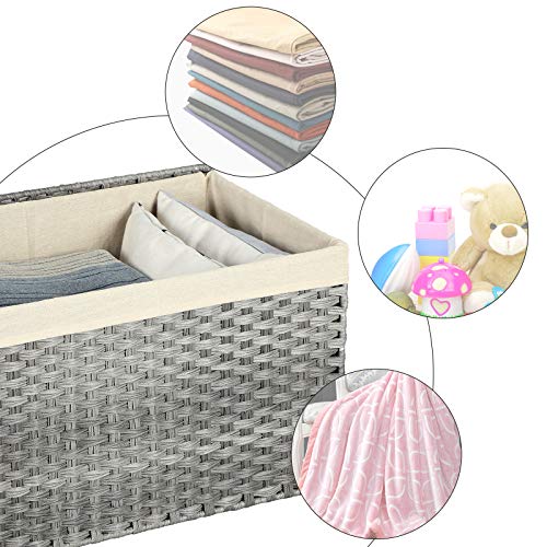 Rattan-Style Storage Box, Indoor Storage Basket, 65L Landry Hamper, Decorative Bin with Lid Liner Handles, Storage Trunk, Grey