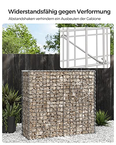 Gabion Basket, Metal Gabion Cage with 5 x 10 cm Mesh for Stones, Galvanised, Garden Decor Wall Partition, 100 x 90 x 30 cm, Silver