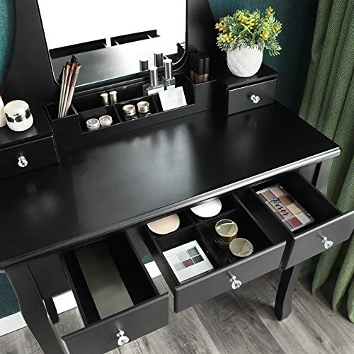 Vanity Set, Dressing Table Set with Large Frameless Mirror for Makeup, 5 Drawers and a Removable Storage Organiser, Cushioned Stool, Black 