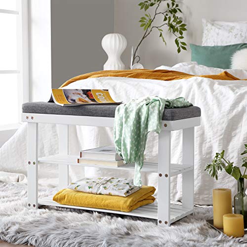 Bamboo Shoe Bench, 2-Tier Shoe Rack, Stable Shoe Organiser for Entryway, Living Room, Bench Seat Holds Up to 150 kg, 71 x 29 x 49 cm, White and Grey