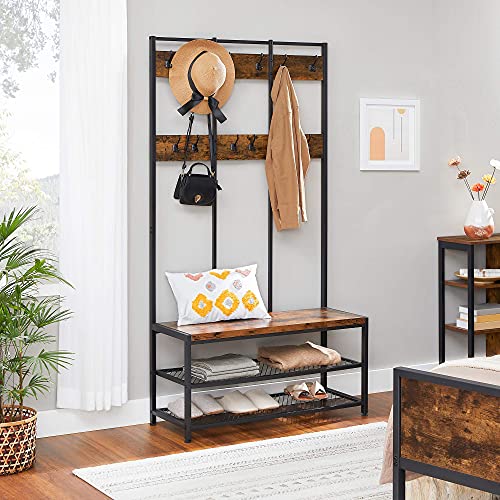 Large Coat Rack Stand, Coat Tree with 12 Hooks and Shoe Bench in Industrial Design, Hall Tree, Multifunctional Hallway Shelf, Office, Bedroom, Rustic Brown and Black