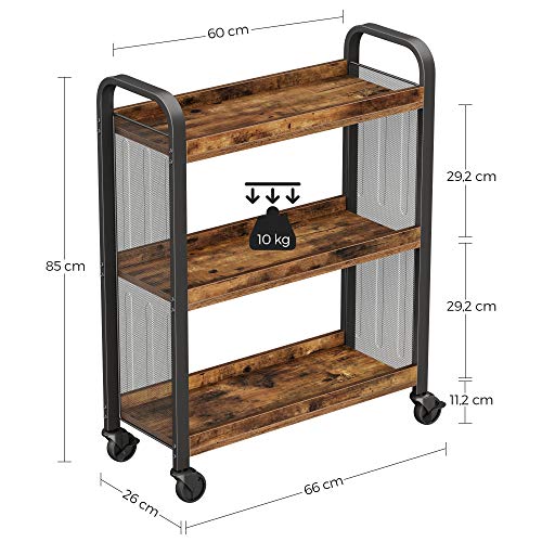 Cowjag Desserte de Style Industriel, Chariot de Cuisine, Gain de Place, avec Pieds Réglables et roulettes, Étagère de Cuisine, Structure en Acier, 66 x 26 x 85 cm, Marron Rustique