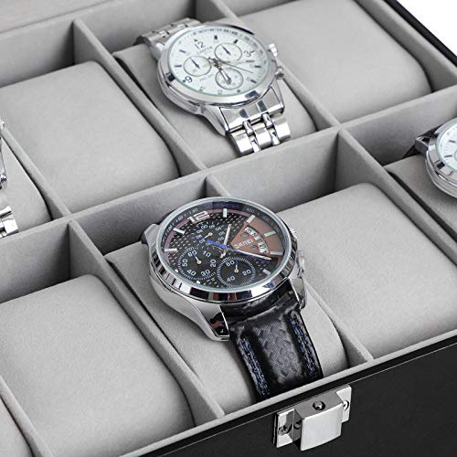 Watch Box with 10 Slots, Watch Case with Glass Lid, Watch Display Box with Removable Watch Pillows, Metal Clasp, Gift Idea, Black Synthetic Leather, Grey Lining