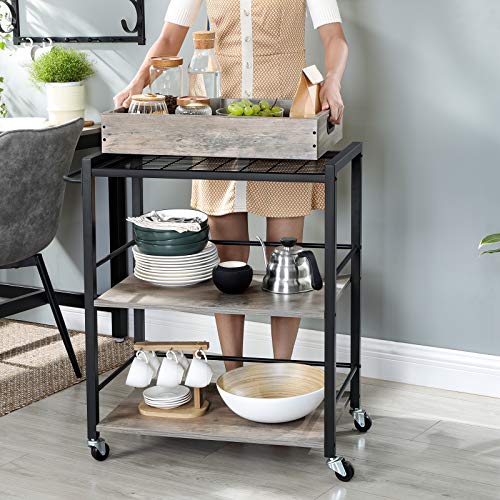 Kitchen Trolley with Removable Tray, Serving Cart Trolley, Universal Castors with Brakes, Levelling Feet, Steel Structure, Kitchen Shelf, 65 x 40 x 86 cm, Greige and Black