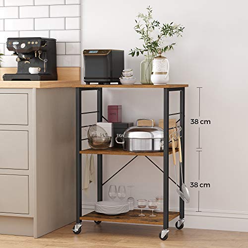 Kitchen Shelf on Wheels, Serving Trolley with 3 Shelves, Microwave Shelf, for Mini Oven, Toaster, Metal Frame with 6 Hooks, Industrial Design, Rustic Brown