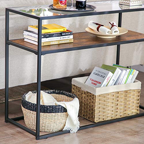 Console Table, Entrance Console, Tempered Glass Top, Robust Steel Frame, Easy Assembly, for Living Room Hallway, Industrial Style, Rustic Brown and Black