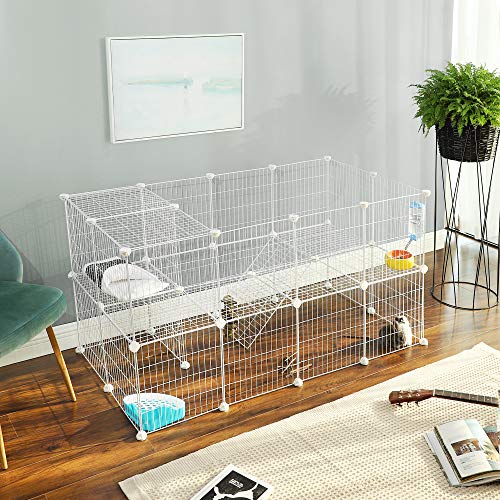 2-Floor Metal Pet Playpen, 36 Grid Panels, Customisable Cage Enclosure for Small Animals, Guinea Pigs Hamster Runs, Rabbit Hutches, Includes Mallet, Indoor Use, 143 x 73 x 71 cm, White