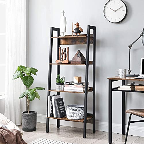 Ladder Shelf, 4-Tier Home Office Bookshelf, Freestanding Storage Shelves, for Living Room Bedroom Kitchen Balcony, Metal Frame, Easy to Assemble, Industrial, Rustic Brown and Black