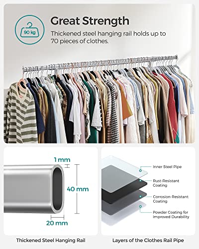 Clothes Rack on Wheels, Heavy Duty Clothes Rail, with Extendable Hanging Rail, 90 kg Load Capacity, Easy Assembly, Portable, Silver